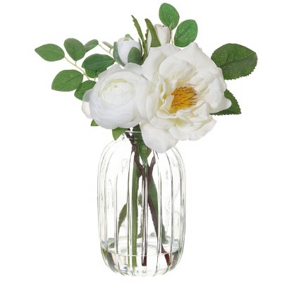 7" Faux White Rose in a Clear Glass Vase