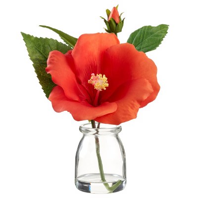 7" Faux Orange Hibiscus in a Clear Glass Vase