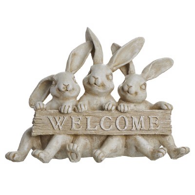8" Distressed White Bunnies Holding a "Welcome" Sign Statue