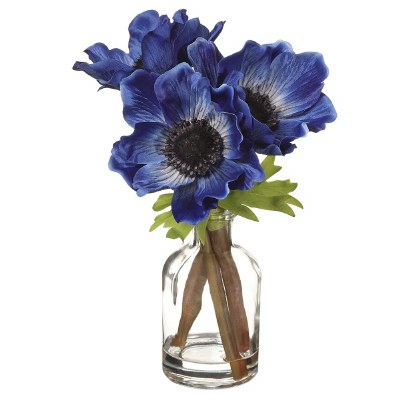 8" Faux Dark Blue Anenome in a Clear Glass Vase