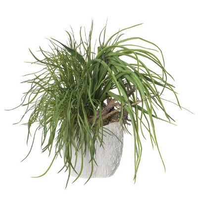 18" Faux Green Grasses Mixed with Driftwood in a Faux White Coral Pot