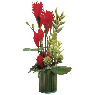 42" Faux Red and Green Tropical Flowers Arrangement