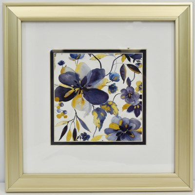 12" Sq Gold and Indigo Flowers 2 Gold Framed Print Under Glass