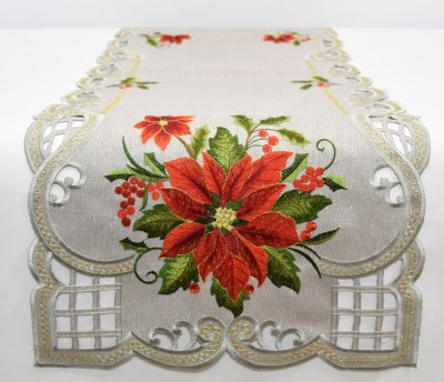 72" Silver and Red Pointsettia Table Runner