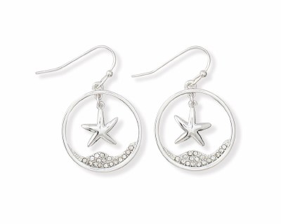 Silver Toned Starfish in a Ring and Polystone Crystal Earrings