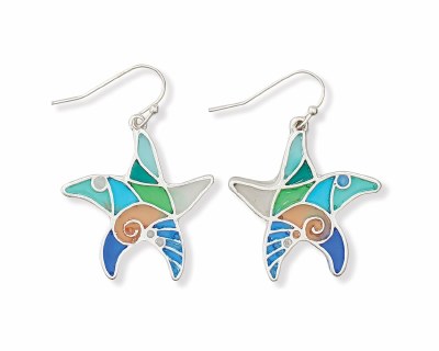Silver Toned and Multicolor Stained Glass Starfish Earrings