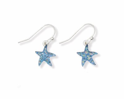 Silver Toned and Blue Glitter Inlay Starfish Earrings