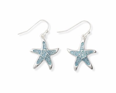 Silver Toned and Aqua Glitter Inlay Starfish Earrings