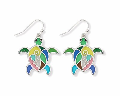 Silver Toned and Multicolor Stained Glass Sea Turtle Earrings