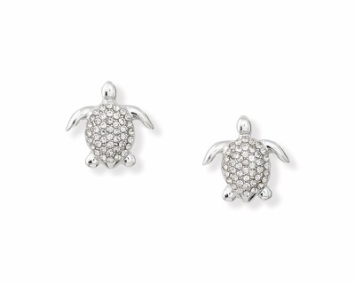 Silver Toned and Polystone Crystal Sea Turtle Earrings