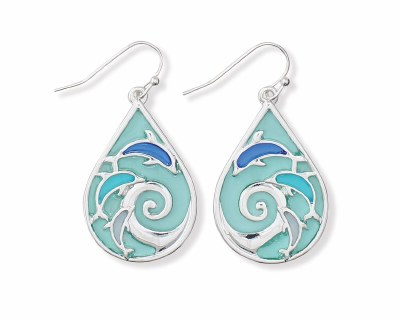 Silver Toned and Aqua Dolphin Earrings