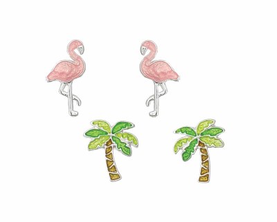 Set of Two Multicolor Flamingo and Palm Tree Earrings