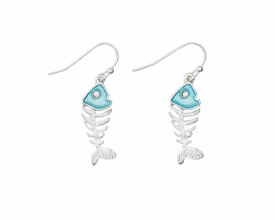 Silver Toned and Blue Inlay Bonefish Earrings