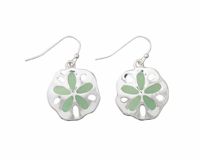 Silver Toned and Green Sand Dollar Earrings