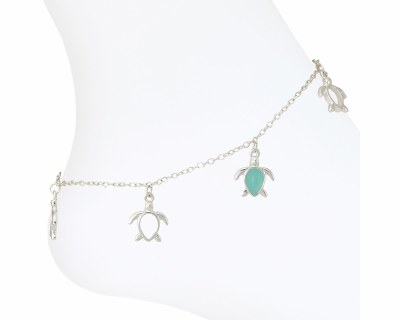 Silver Toned and Green Sea Turtle Anklet