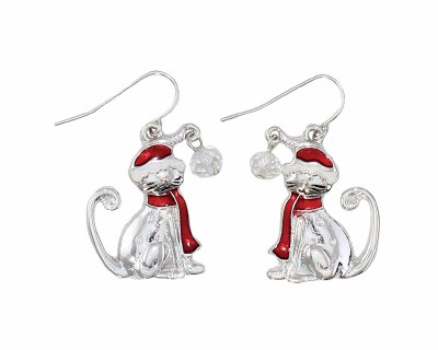 Silver Toned and Red Christmas Cats Earrings