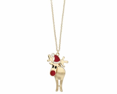 Gold Toned and Red Reindeer Necklace