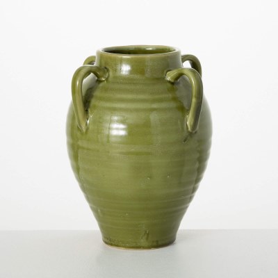 11" Green Four Handle Ceramic Vase