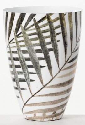9" Green and White Palm Frond Metal Vase
