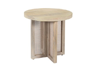 22" Round White Wash and Rattan End Table