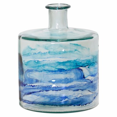 10" Light Green and Blue Stripes Glass Squat Vase