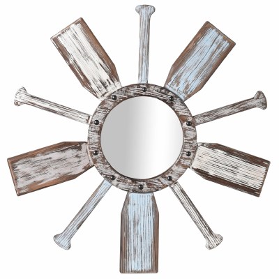 34" Round Distressed White and Blue Oars Mirror