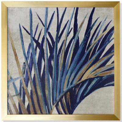33" Sq Arch Navy Palm Frond 1 Tropical Gel Textured Print