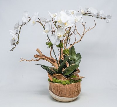 28" Faux White Triple Orchid and Branches in a Yucca Bowl