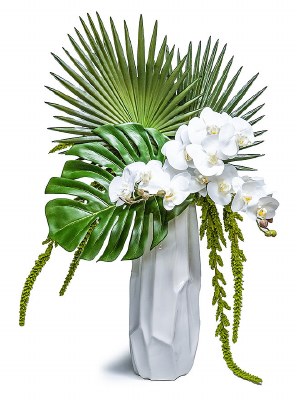 35" Faux White Orchids and Palm Frods in a White Vase