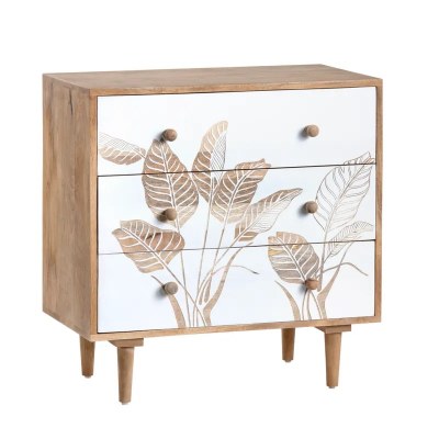 30" White and Natural Three Drawer Tropical Leaves Chest