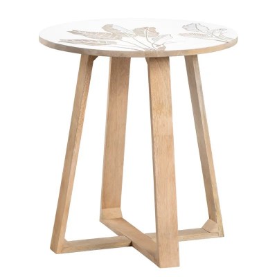 22" Round White and Natural Tropical Leaf End Table