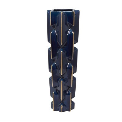 27" Dark Blue and Gold Geometric Ceramic Vase