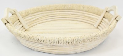 17" Round Distressed White Low Basket With Handles