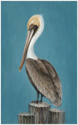 48" x 30" Brown Pelican on Blue Wood Coastal Wall Art Plaque