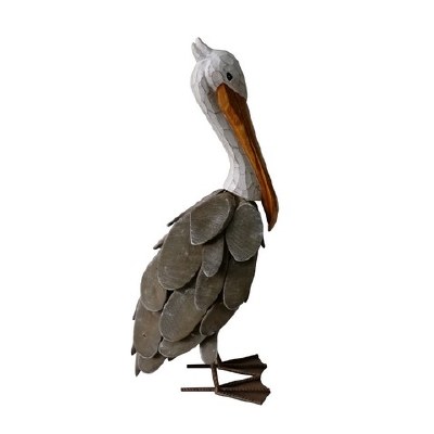 19" Natural and White Wood and Metal Pelican Statue