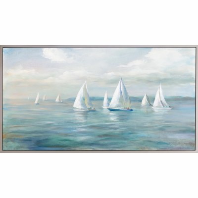 32" x 62" Eight White Sailboats Coastal Canvas in a White Frame