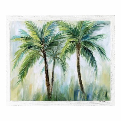 36" x 46" Three Green Palm Trees Coastal Gel Textured Print in a Distressed White Frame