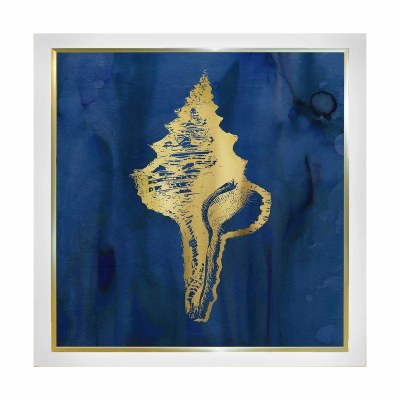 14" Sq Gold Whelk Shell on a Blue Background Coastal Gel Framed Print