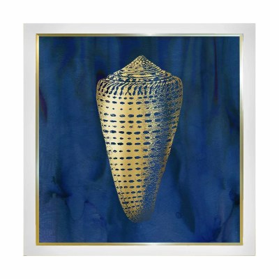 14" Sq Gold Cone Shell on a Blue Background Coastal Gel Framed Print