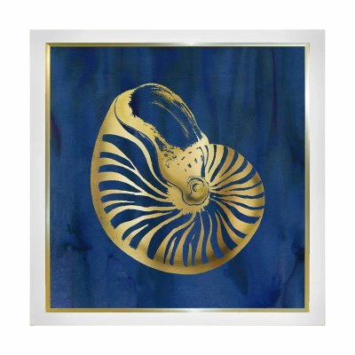 14" Sq Gold Nautilus Shell on a Blue Background Coastal Gel Framed Print
