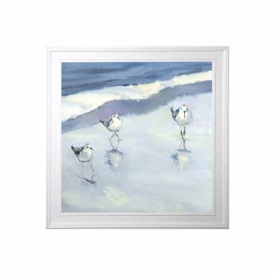 43" Sq Three Birds on a Gray and Blue Beach Coastal Gel Framed Print