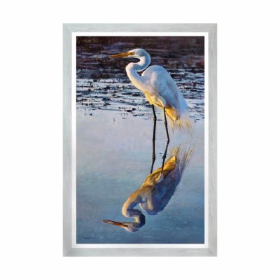 44" x 24" White Egret Reflection Coastal Gel Framed Print
