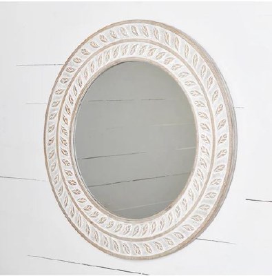 31" Round White Wash Leaf Vines Wood Mirror