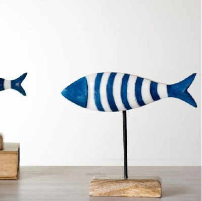5" Blue and White Wood Fish on a Stand