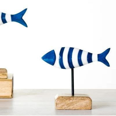 7" Blue and White Wood Fish on a Stand
