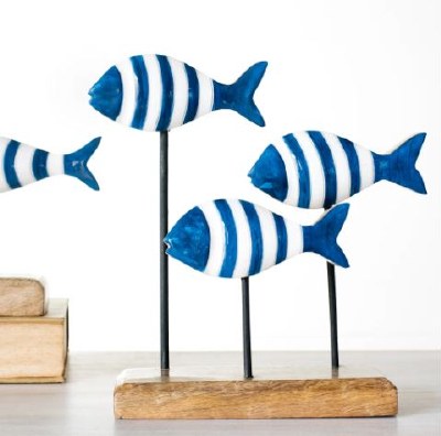 9" Blue and White Wood Three Fish on a Stand