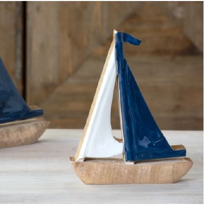8" Blue and White Wood Sailboat Statue