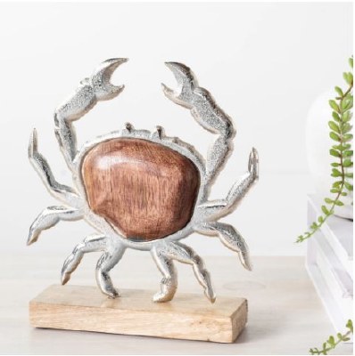 10" Silver and Brown Wood and Metal Crab Statue