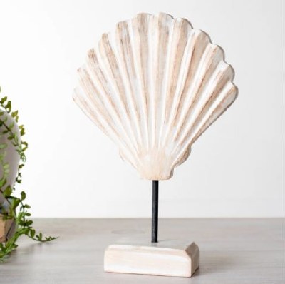 9" White Wash Wood Scallop Shell on a Stand