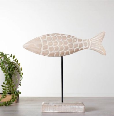 9" White Wash Wood Fish on a Stand